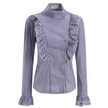 Plus Size in Plaid Blouse Retro Checkered Modest Tops Women Long Sleeve Elegant Gingham Shirt Ruffle Trim Slim Work Shirt Blusas